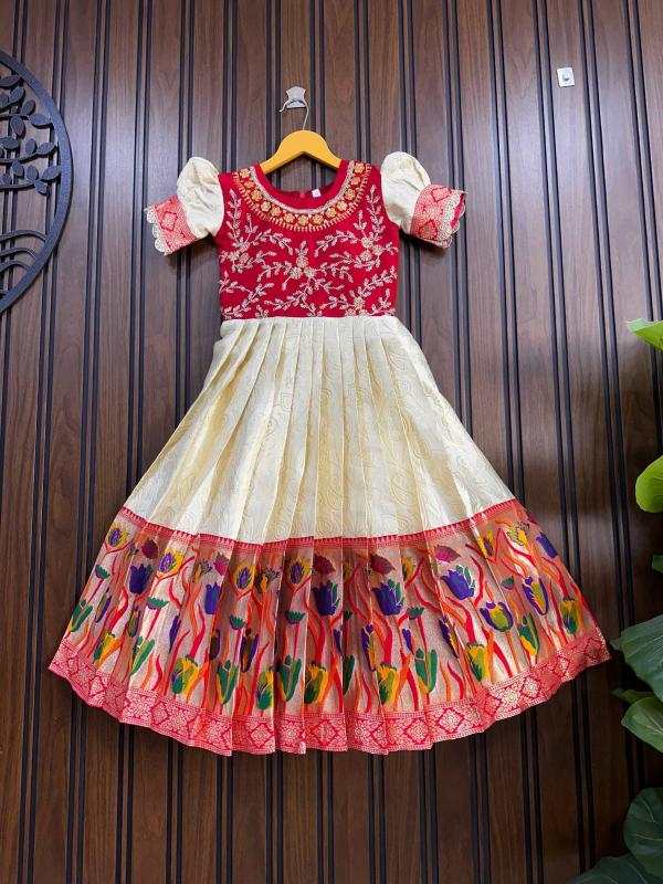 Kids gown paithani silk Cream Designer children wear Ahmedabad